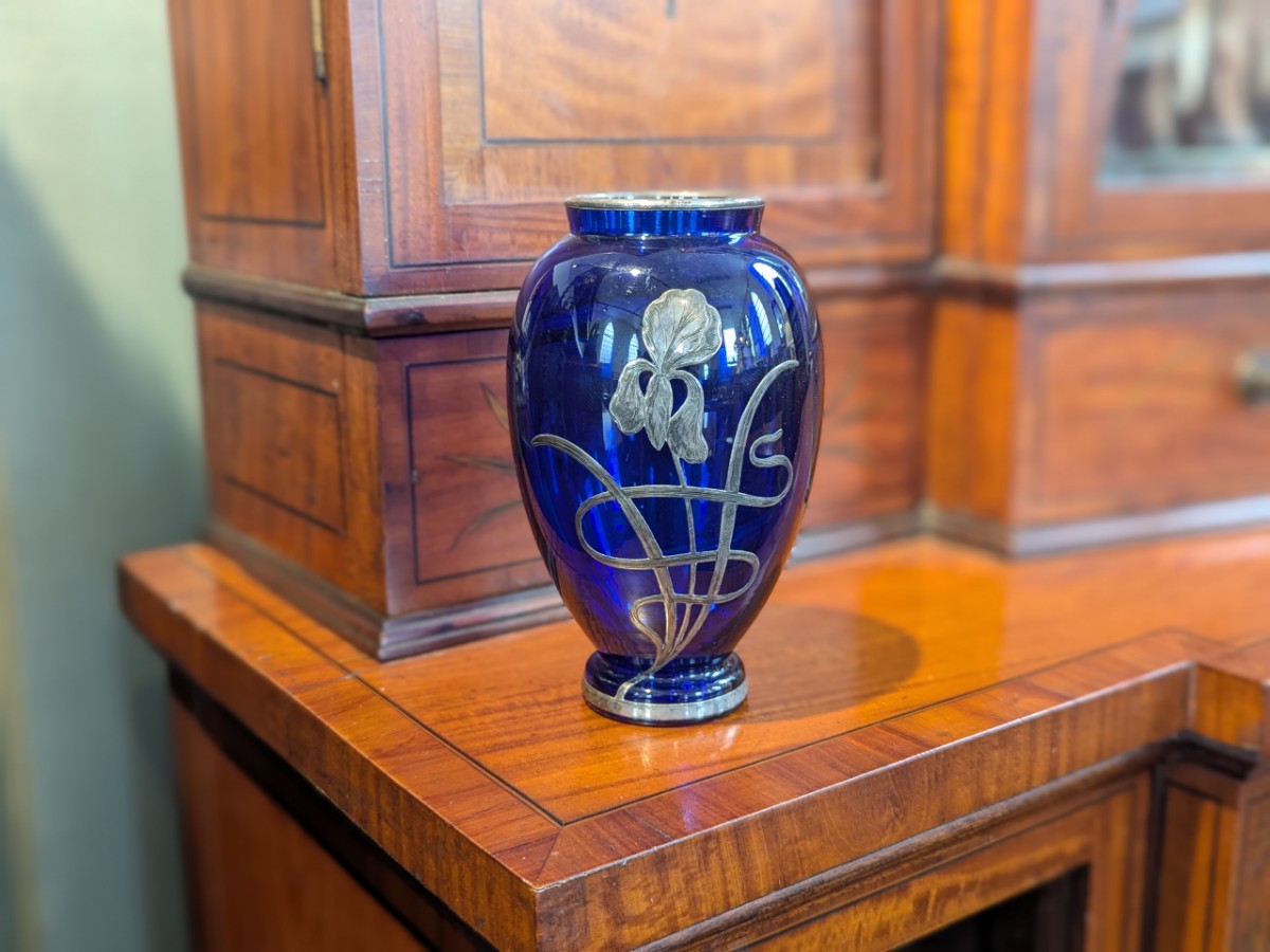 Art Nouveau Cobalt Blue Vase With Silver Overlay Decoration
